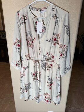 NWT DR2 L Dress Floral Cream Cottagecore Button-Front Lined Drawstring Short